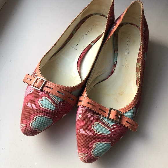 Casadei Floral Print Canvas & Leather Trim Flats 9 - Picture 2 of 7